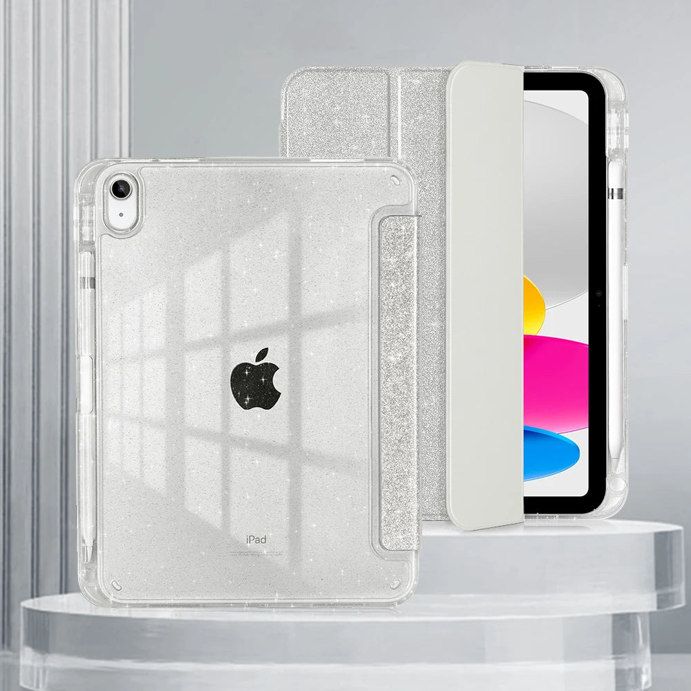 A clear glittery protective stand cover for an iPad, showing the back and a side view.