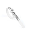 A white ring sizer and measuring tool with a magnifier showing numbered rings.