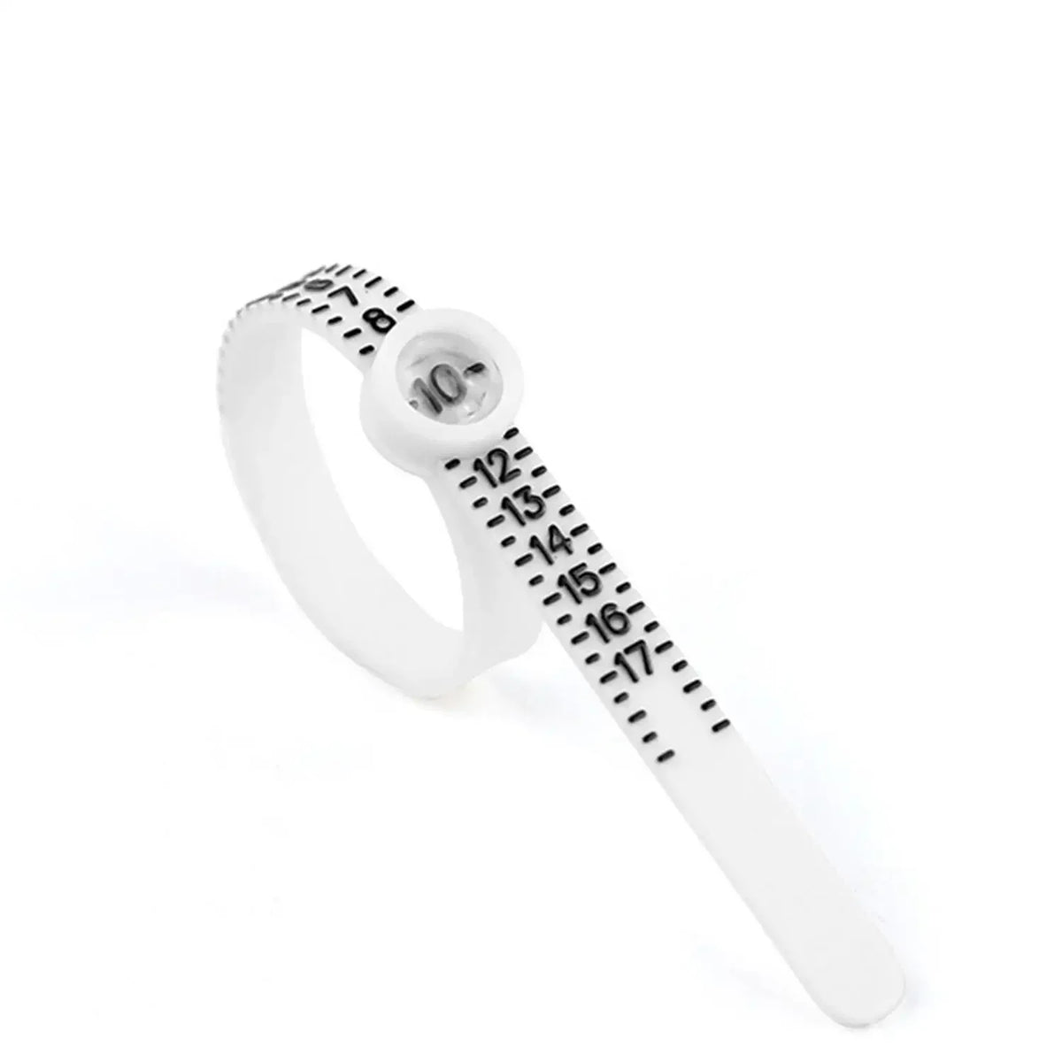 A white ring sizer and measuring tool with a magnifier showing numbered rings.
