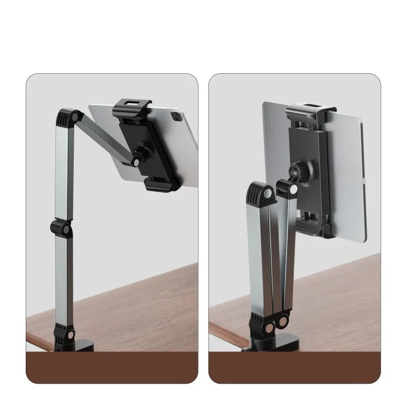 An adjustable aluminum tablet stand with a clamp mechanism shown in two views.
