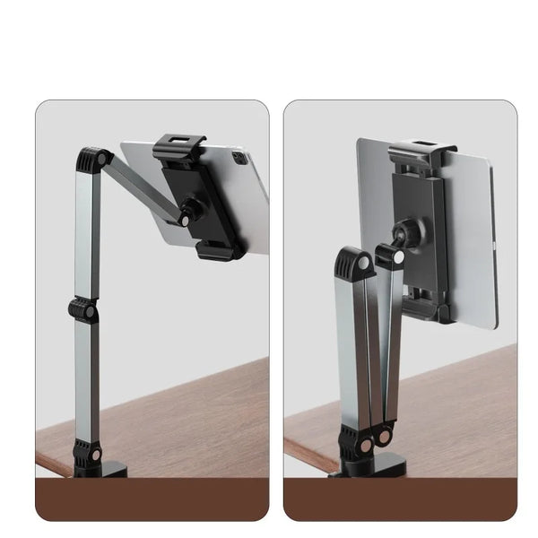 An adjustable aluminum tablet stand with a clamp mechanism shown in two views.