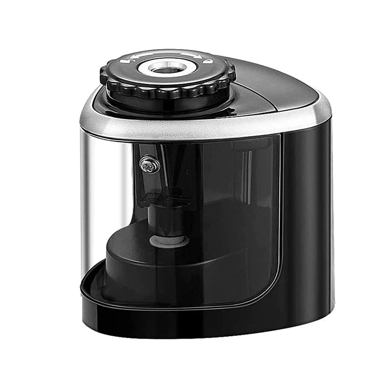 A black electric pencil sharpener with a clear cylindrical body and a top cap.