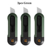 Three green deli mini pocket knives shown side by side