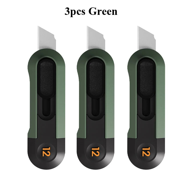 Three green deli mini pocket knives shown side by side