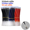 Un set de 30 recargas de bolígrafo en gel en colores negro, azul y rojo, presentadas en tubos.