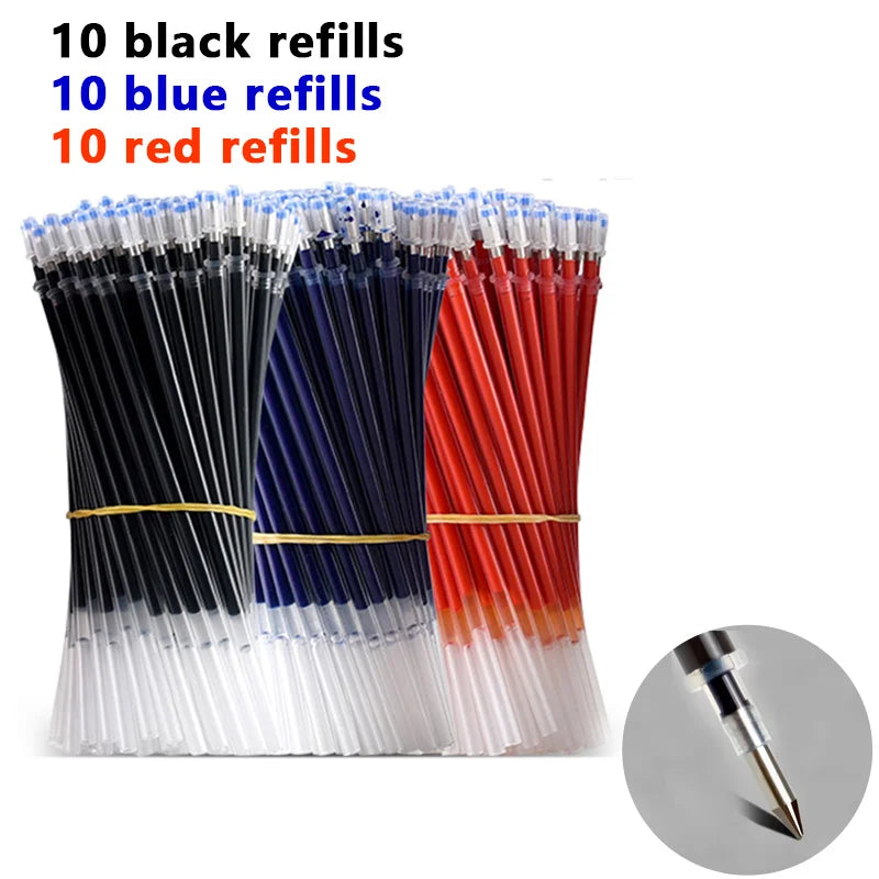 Un set de 30 recargas de bolígrafo en gel en colores negro, azul y rojo, presentadas en tubos.