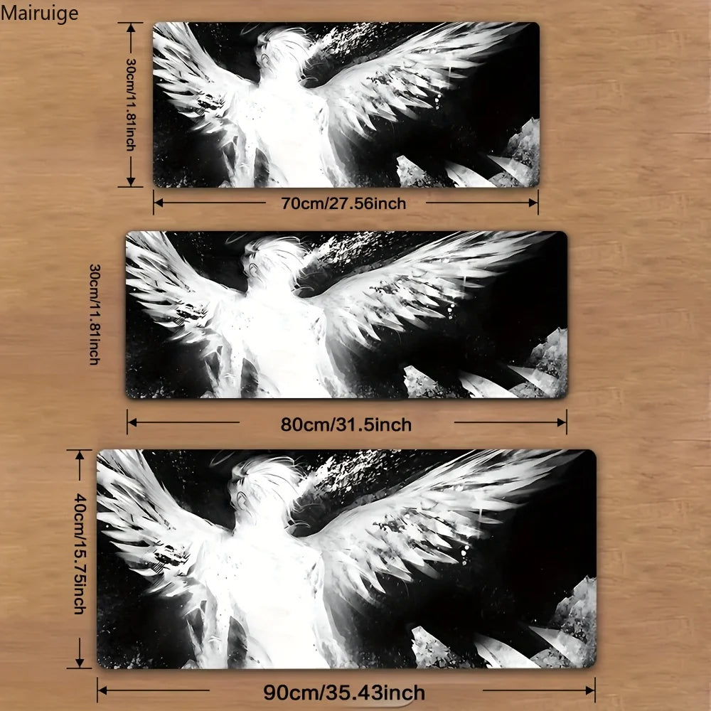 A set of three artistic angel wing desk mats or mouse pads shown on a wooden surface.
