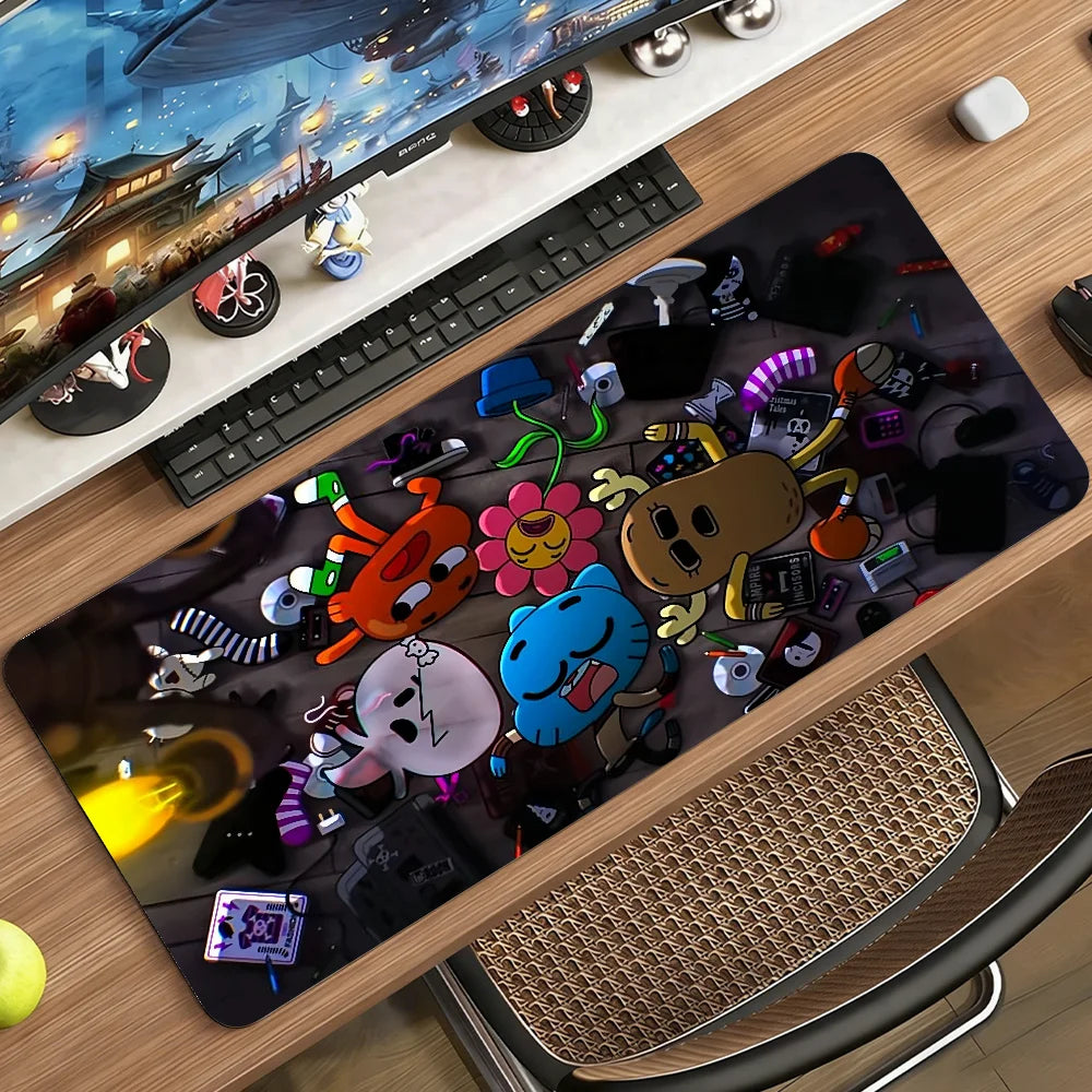 A black mouse pad featuring various cartoon characters and gaming elements.