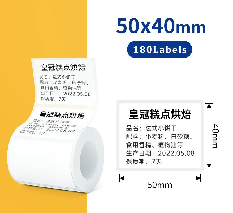 Rollo de 50 etiquetas térmicas de 40mm con etiquetas blancas y tinta negra, empaquetado para imprimir.