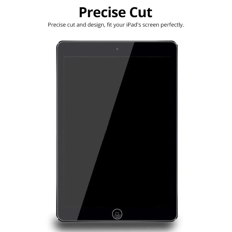 A black tempered glass screen protector for an iPad, designed for a precise fit.