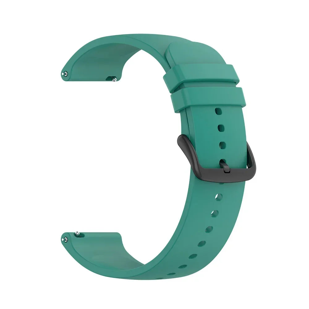 A teal silicone watch band for a smartwatch, shown in a curved shape.