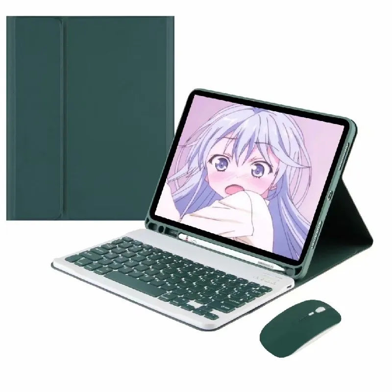 A green leather keyboard case with a detachable Bluetooth keyboard shown next to an iPad and a mouse.