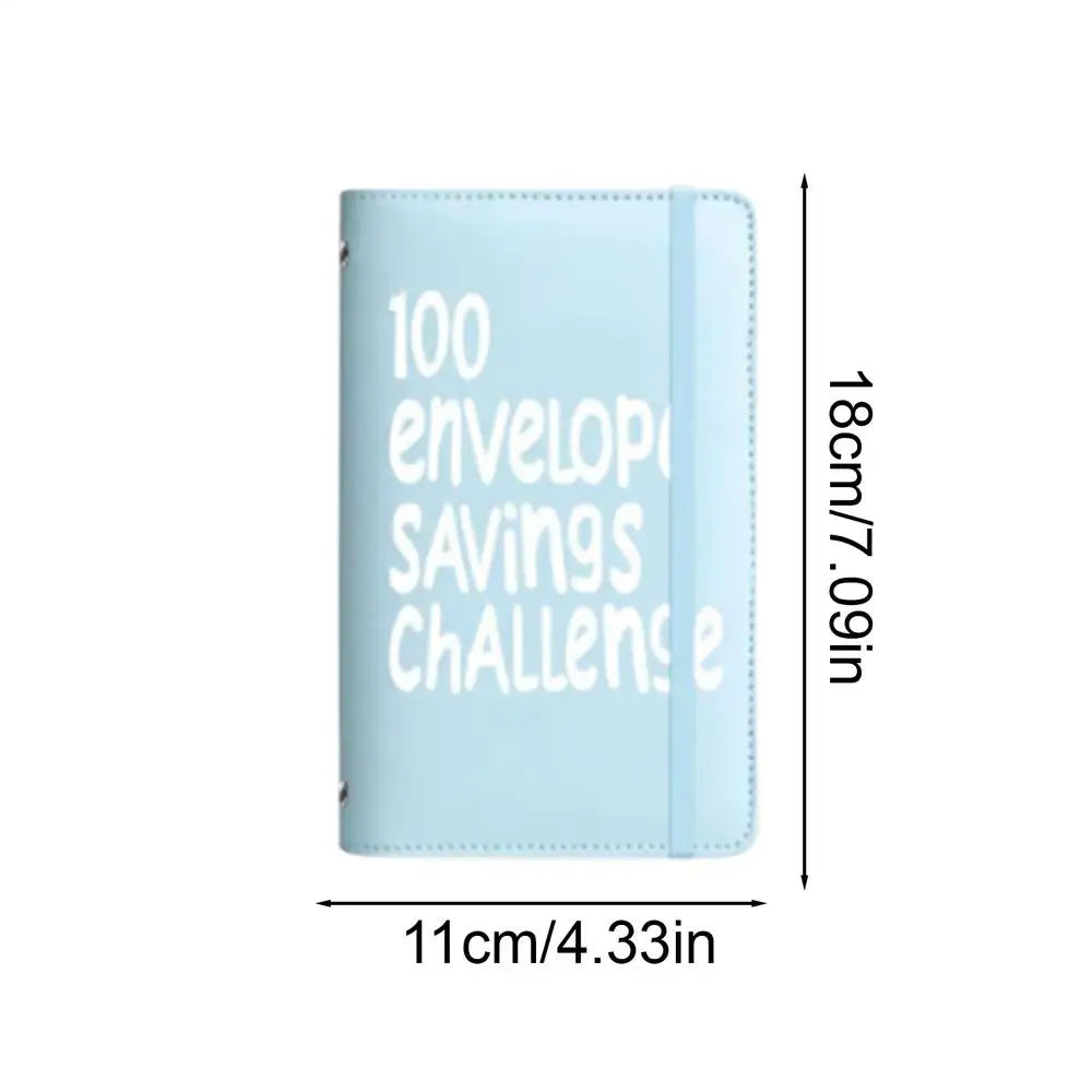 A light blue budget binder titled 100 Envelope Savings Challenge.