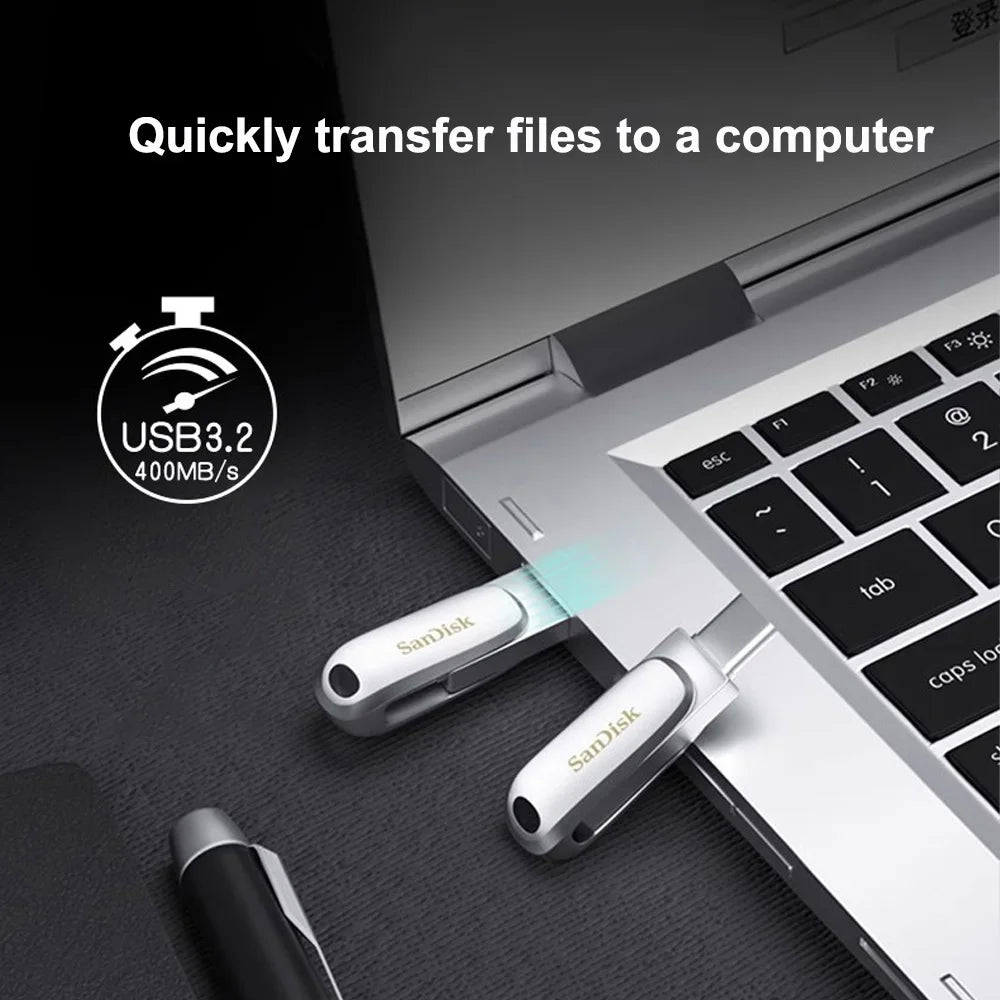 A SanDisk USB 3.2 flash drive is shown being inserted into a laptop port for file transfer.