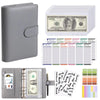 A grey A6 PU leather budget binder with cash envelopes and a sheet of US hundred dollar bills.