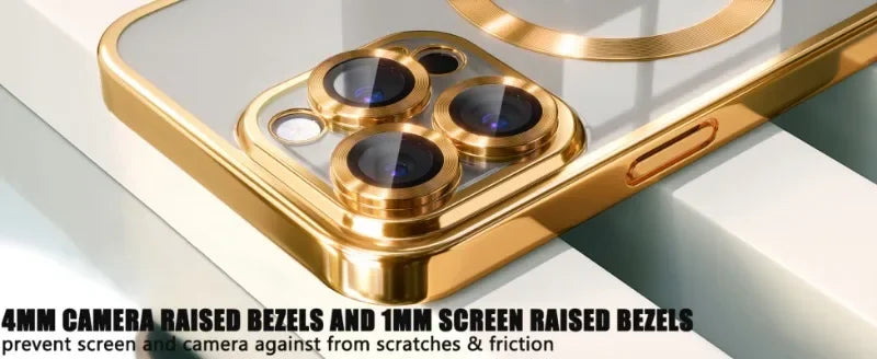 Nahaufnahme einer goldenen Handyhülle mit erhabenen Randen zum Schutz der Kamera und des Displays.
