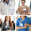 A female nurse wearing a white coat with a badge reel featuring a funny turtle design.