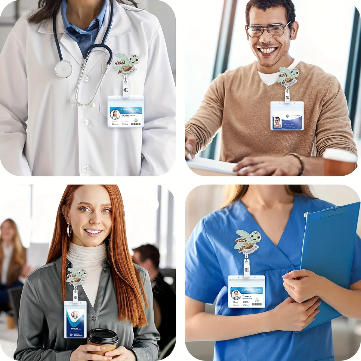 A female nurse wearing a white coat with a badge reel featuring a funny turtle design.