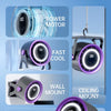 Diagram showing various features of a portable rechargeable desk fan including a power motor, fast cool function, and wall/ce
