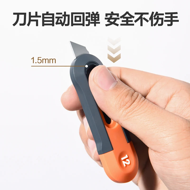 A hand holds an orange and black pocket knife with a 1.5mm blade, demonstrating its automatic folding mechanism.