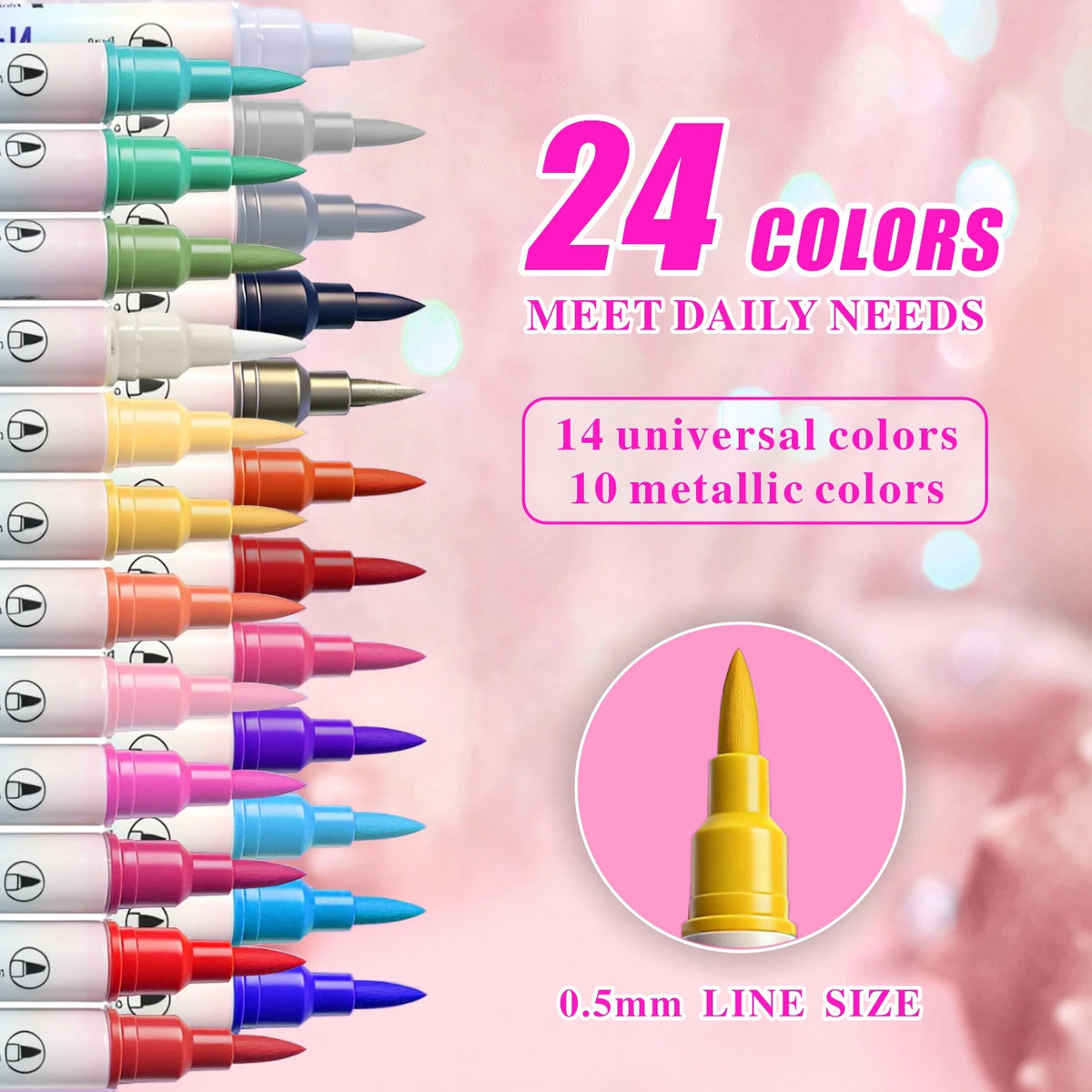 A set of 24 double-headed nail art pens in various colors and metallic shades shown vertically.