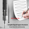 A close-up shows a liquid type structure pen drawing smoothly on paper, demonstrating fast ink flow.