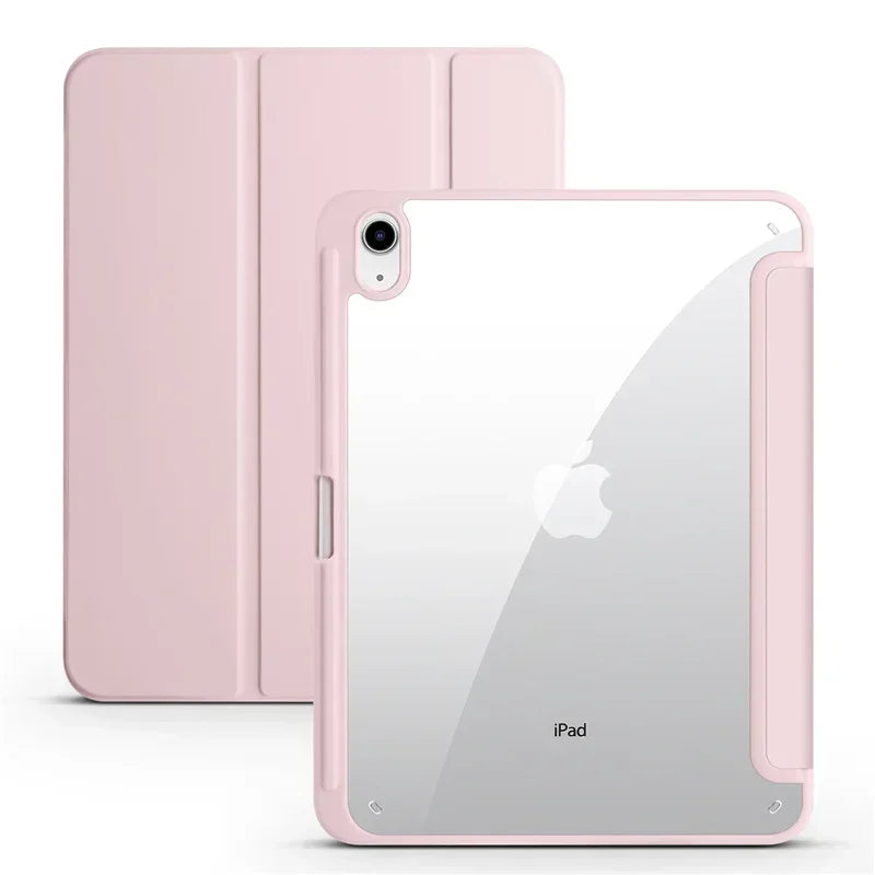 A pink protective case for an iPad is shown next to its matching cover.