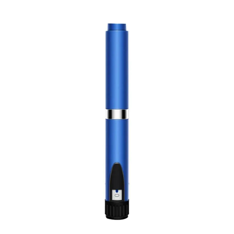 A blue reusable peptide beauty injector pen with a silver cap and black tip.