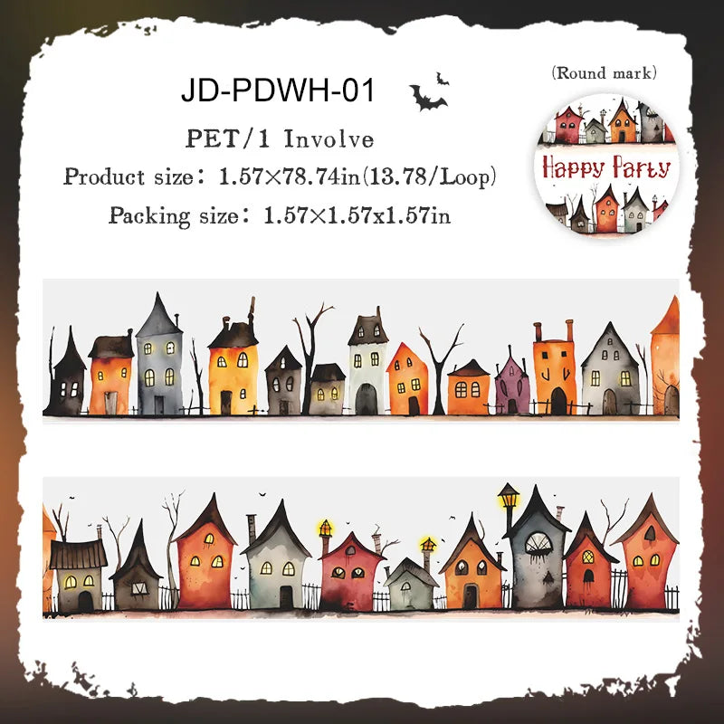 A set of vintage gothic Halloween masking tape featuring various architectural houses and spooky elements.