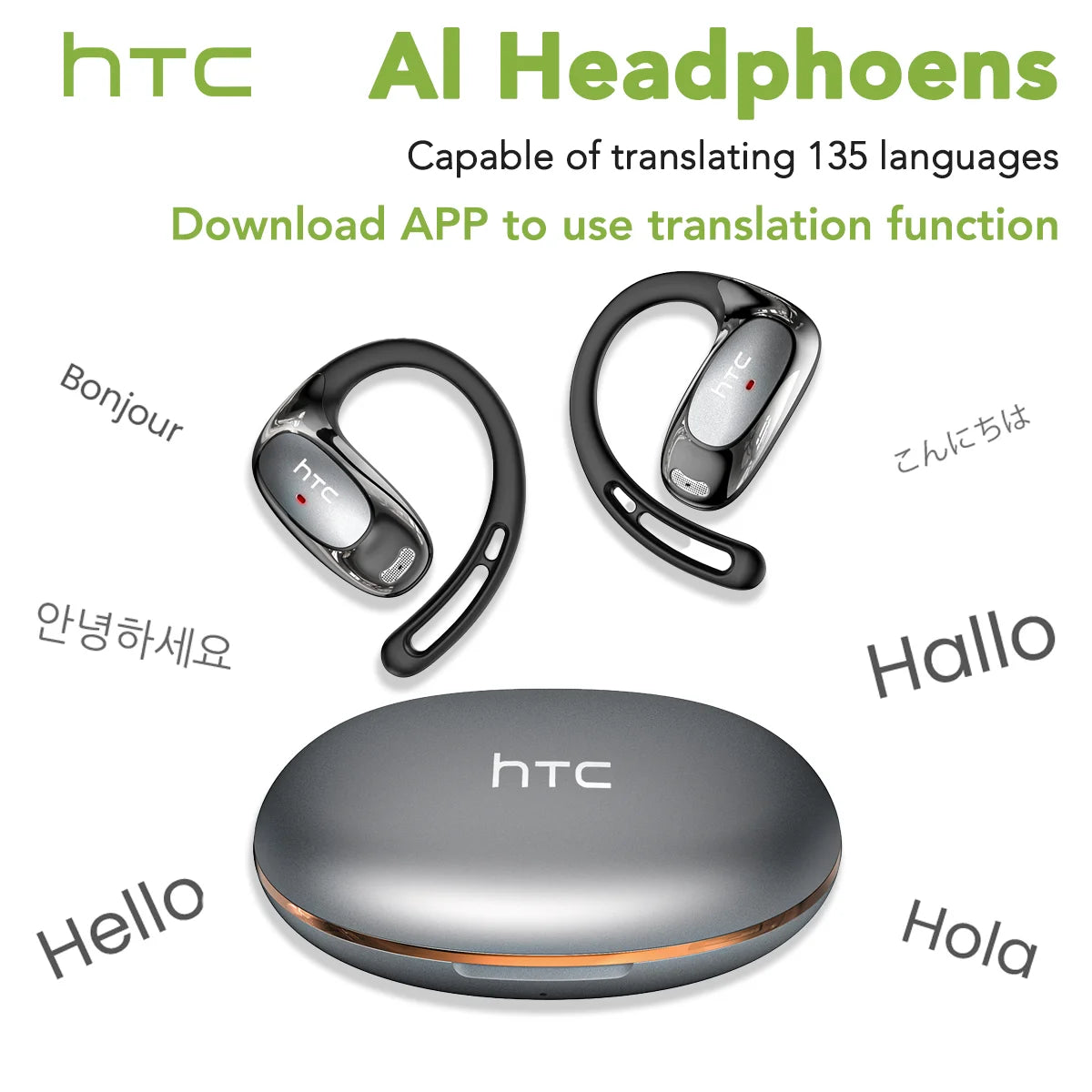 Image showing HTC AI Headphones in various forms, including earbuds and a standalone device, with language translations displ