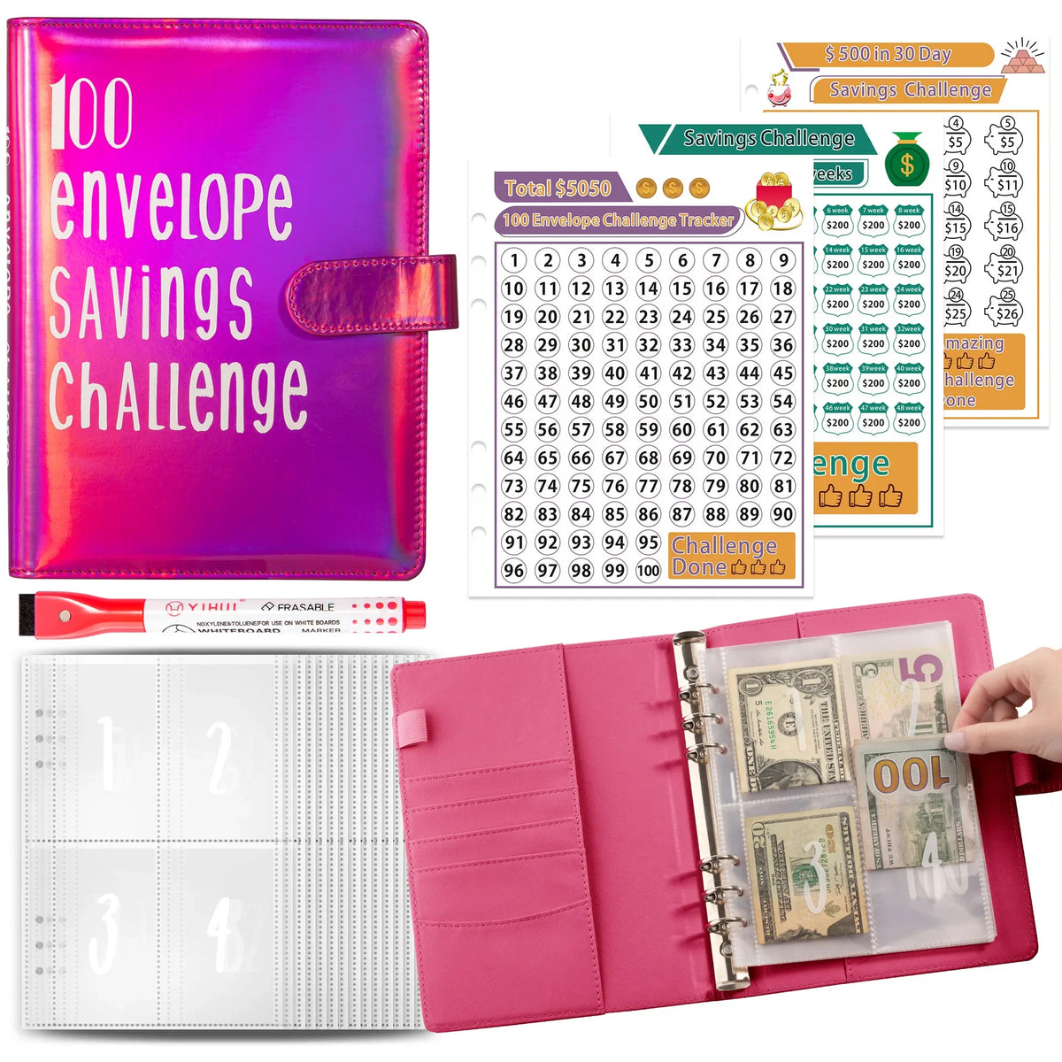 Pinkes Umschlag-Spar-Herausforderungs-Tracker mit nummerierten Seiten und passendem pinkem Budget-Binder-System.