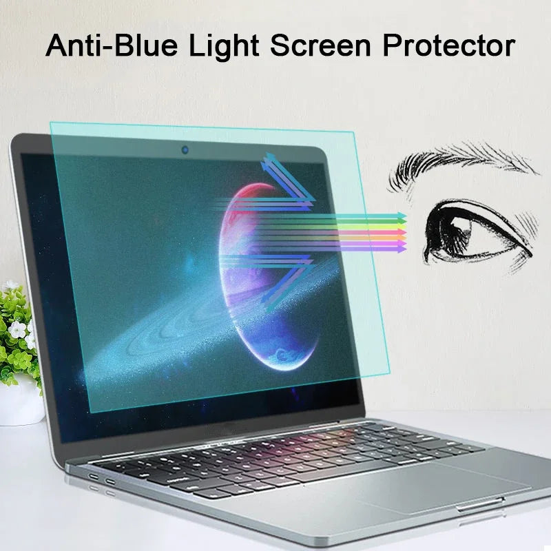 Anti-blue light screen protector applied to a laptop display, demonstrating blue light filtering.