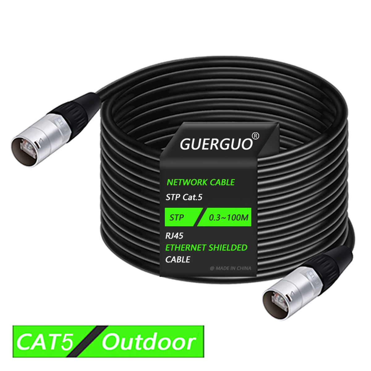 Black coiled network cable with RJ45 connector and Ethernet shielded cable for outdoor use