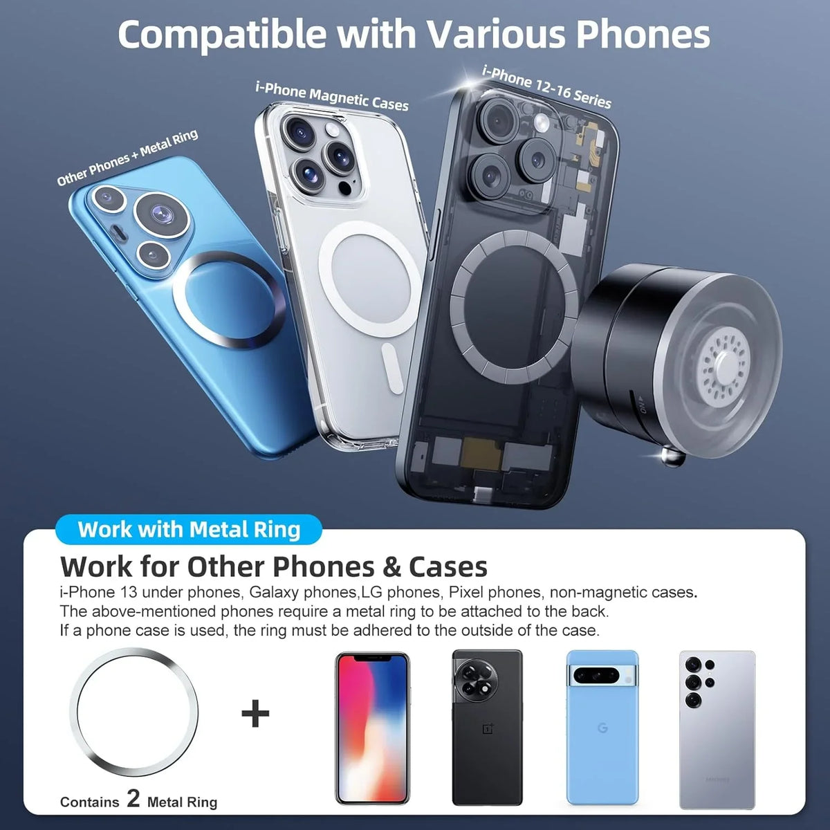A magnetic phone holder is shown with various iPhone and other phone cases, demonstrating compatibility.
