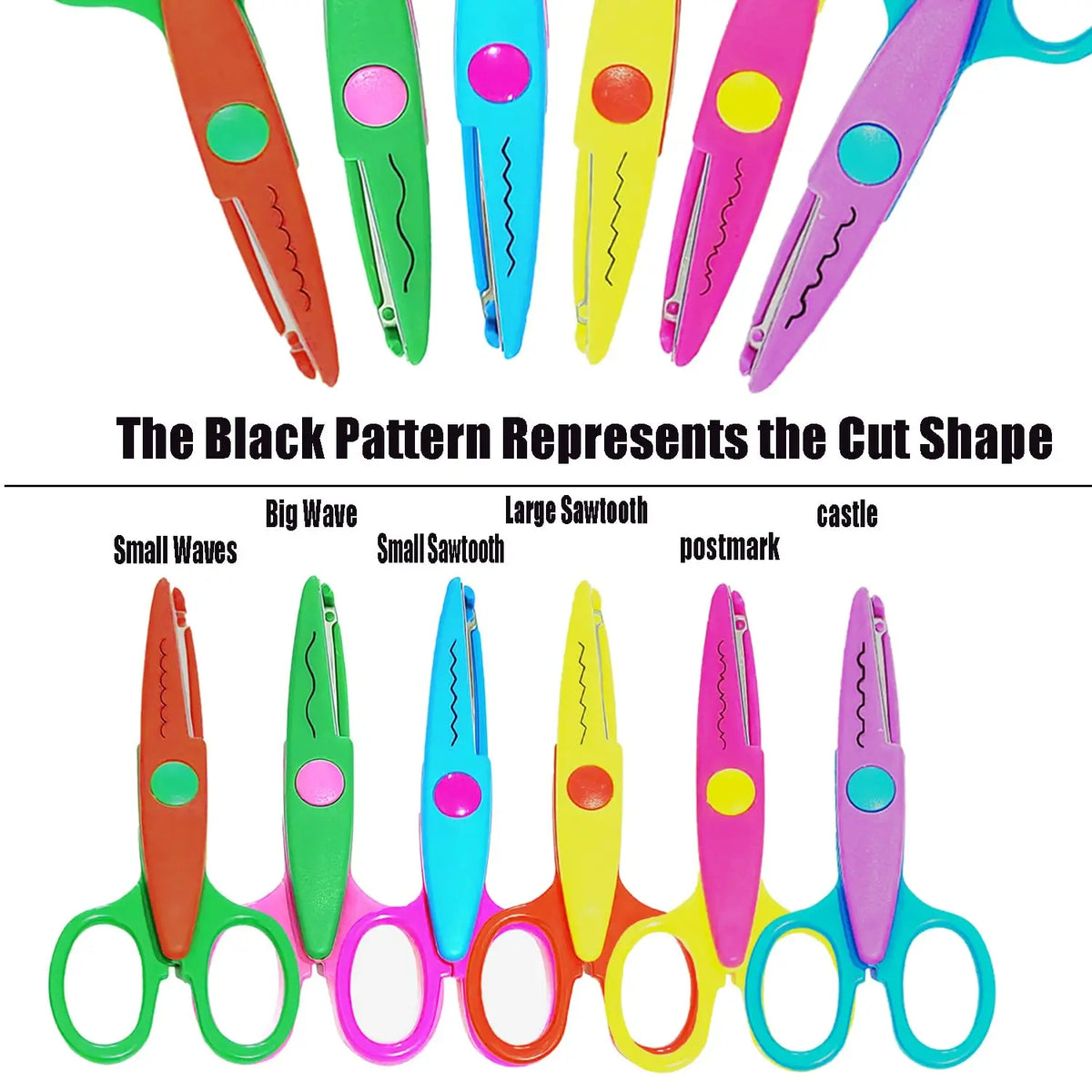 A collection of colorful decorative zig zag edge scissors shown in various colors and shapes.