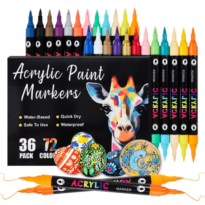 A set of 36 acrylic paint markers featuring various colors and a giraffe design.