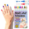 A hand holds a set of 12 nail art markers featuring various metallic and vibrant colors for nail design.