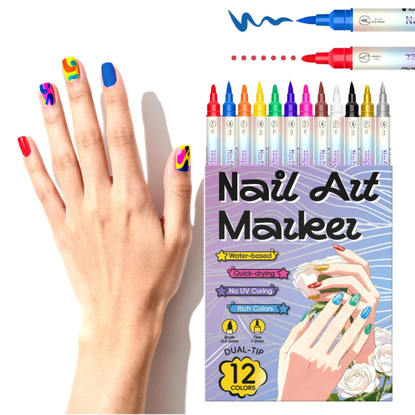 A hand holds a set of 12 nail art markers featuring various metallic and vibrant colors for nail design.