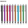 A row of metal stylus pens in various colors including black, pink, red, and green, shown standing upright.