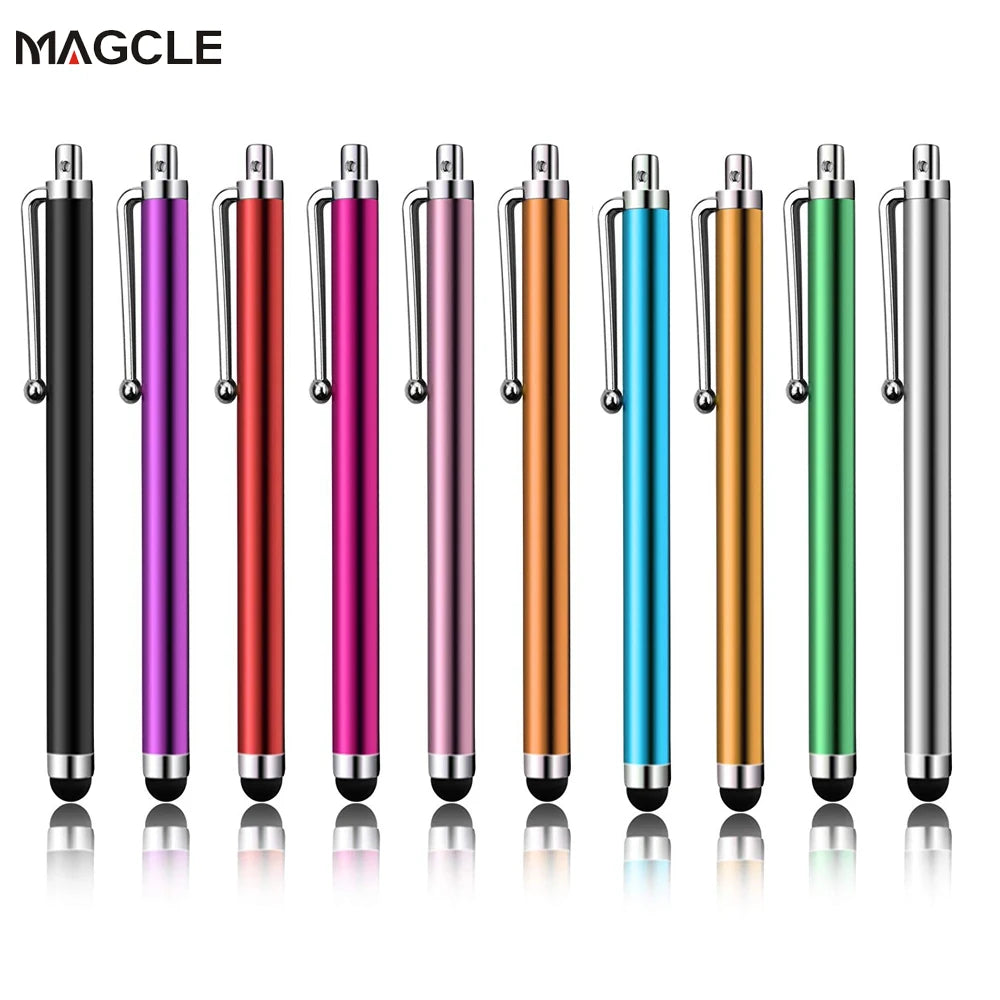 A row of metal stylus pens in various colors including black, pink, red, and green, shown standing upright.