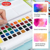 A white watercolor paint set with various colored paints and a water brush pen is shown in an open case.