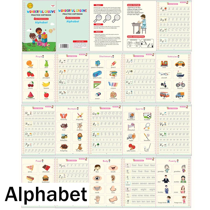 A collection of colorful reusable magic practice handwriting workbooks for kids featuring alphabet and various writing exerci