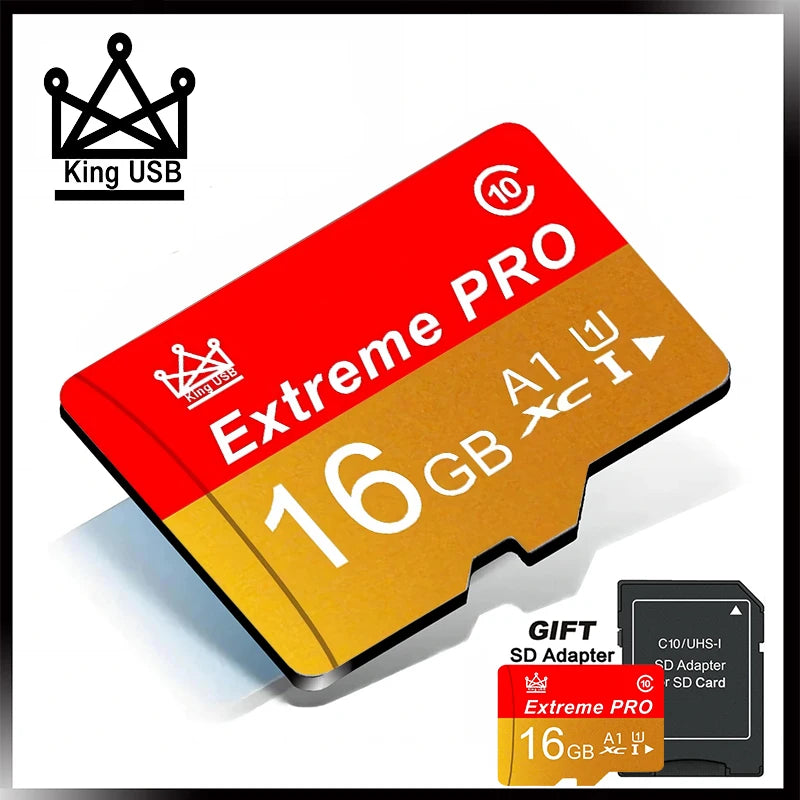 محول بطاقة SD برتقالي وذهبي Extreme PRO بسعة 16 جيجابايت وشعار King USB مرئي.