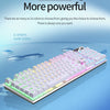A low profile wired gaming keyboard with a numpad is shown, featuring multiple colorful keycaps and various lighting options.