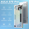 A close-up view of the AULA S75 Pro mechanical gaming keyboard and its detachable case.