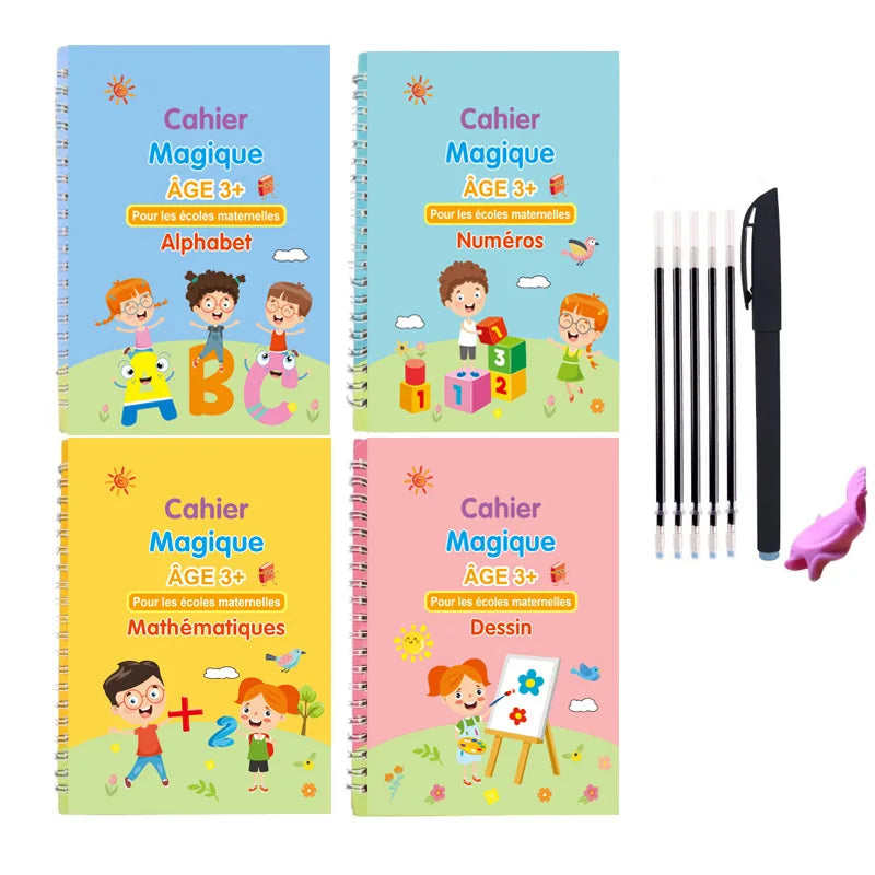 Un set de cuatro cuadernos de práctica mágica para niños, cubriendo alfabeto, números y habilidades de dibujo.