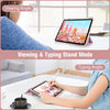 A hand is typing on an iPad in a stand mode while viewing the screen at an angle.