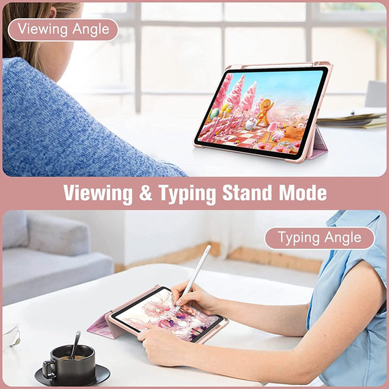 A hand is typing on an iPad in a stand mode while viewing the screen at an angle.