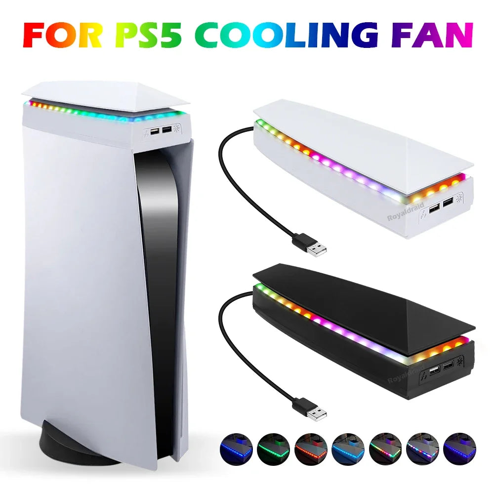 A white PC cooling fan with RGB lighting and a separate fan unit shown in various angles.
