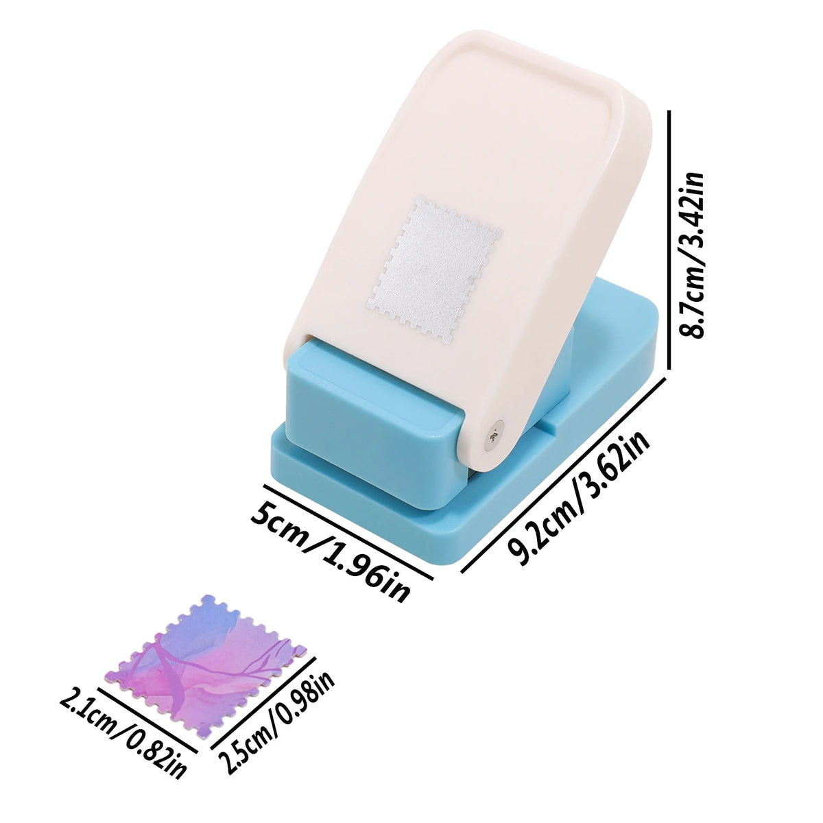 A light pink embossing punch machine with a blue base and a square embossing plate.